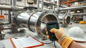 Pengukuran ketebalan elbow pipa pneumatic conveying menggunakan alat thickness gauge untuk cegah erosi.