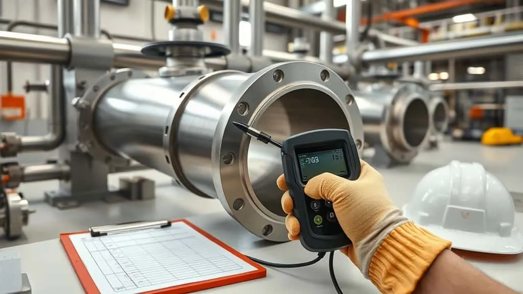 Pengukuran ketebalan elbow pipa pneumatic conveying menggunakan alat thickness gauge untuk cegah erosi.