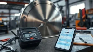 Uji kekerasan material pressure vessel ASME menggunakan portable hardness tester pada permukaan logam di workshop industri.