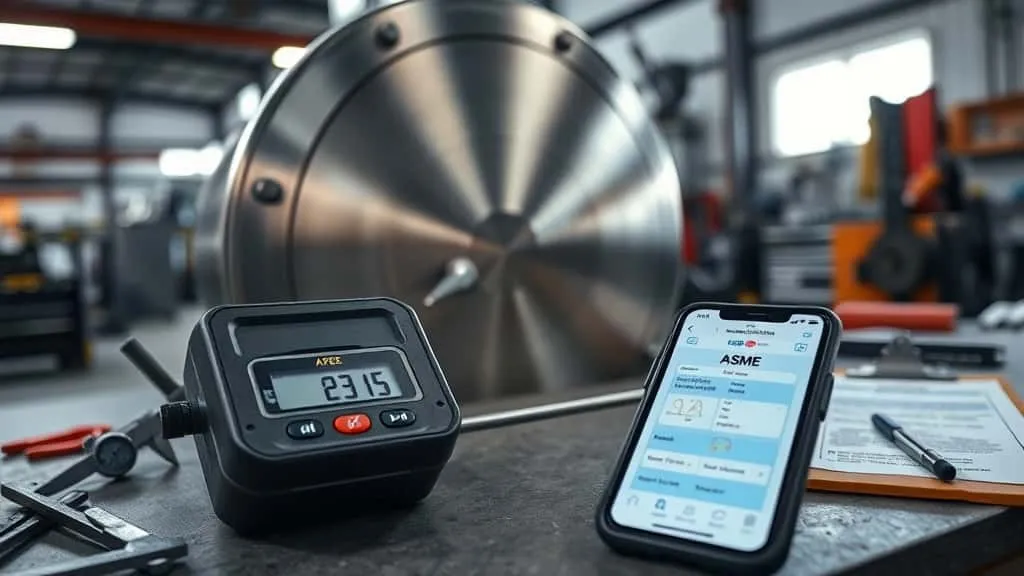 Uji kekerasan material pressure vessel ASME menggunakan portable hardness tester pada permukaan logam di workshop industri.
