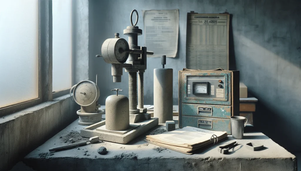 Weathered concrete testing lab in Indonesia with a compression machine, slump cone, and open binder displaying SNI and ASTM standards for irrigation concrete.