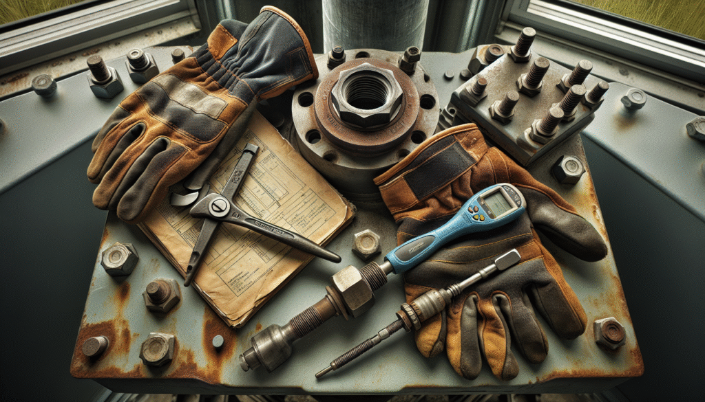Transmission tower technician using a torque wrench and ultrasonic gauge for bolt testing and corrosion mitigation on a galvanized steel leg.