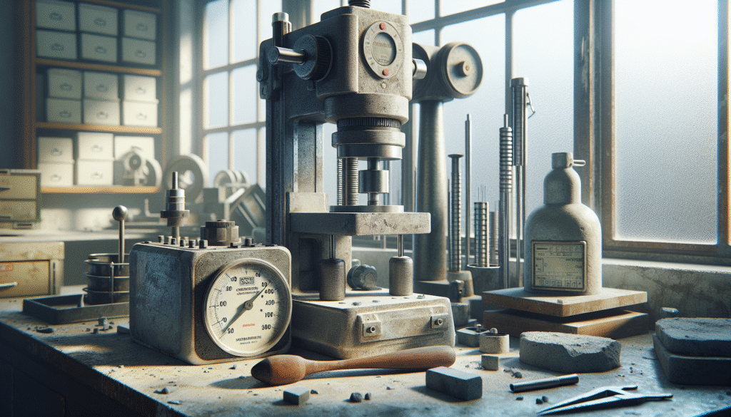 Laboratorium uji beton berdebu dengan alat akurat, palu Schmidt, dan sampel beton, panduan uji beton tambang.