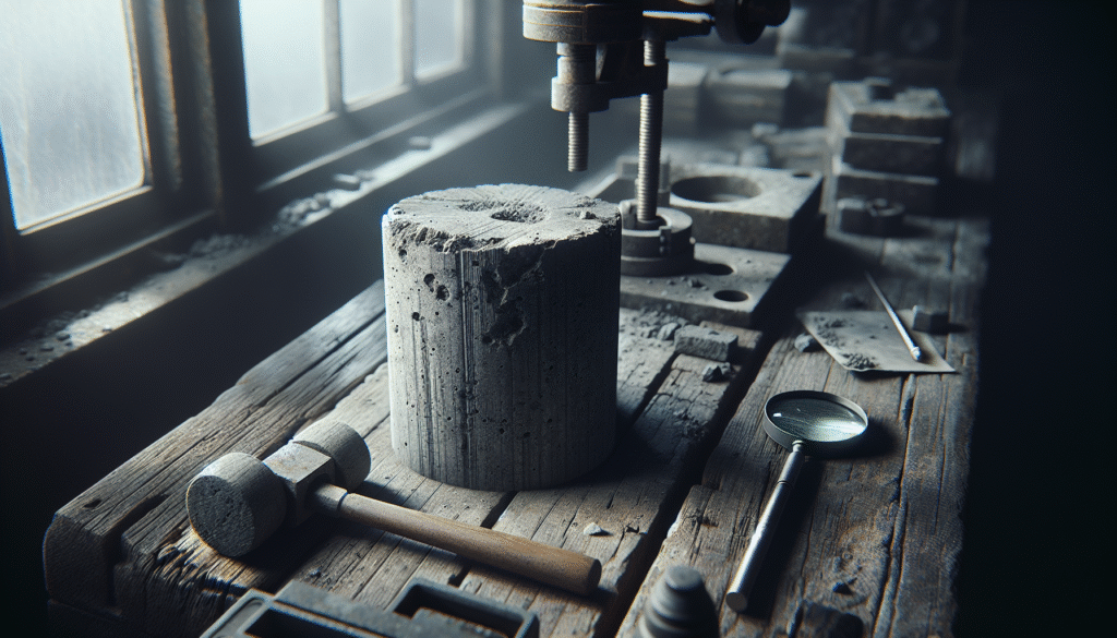 Concrete core sample with testing tools in a corrosive mining lab environment