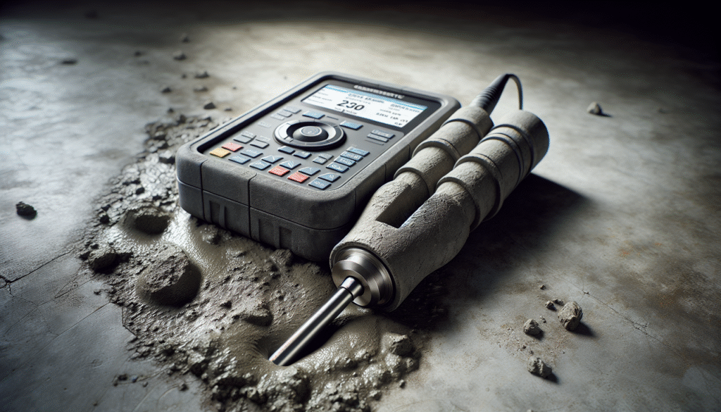 Alat uji beton ultrasonik pada permukaan beton, menunjukkan deteksi cacat dan pengujian mutu beton.