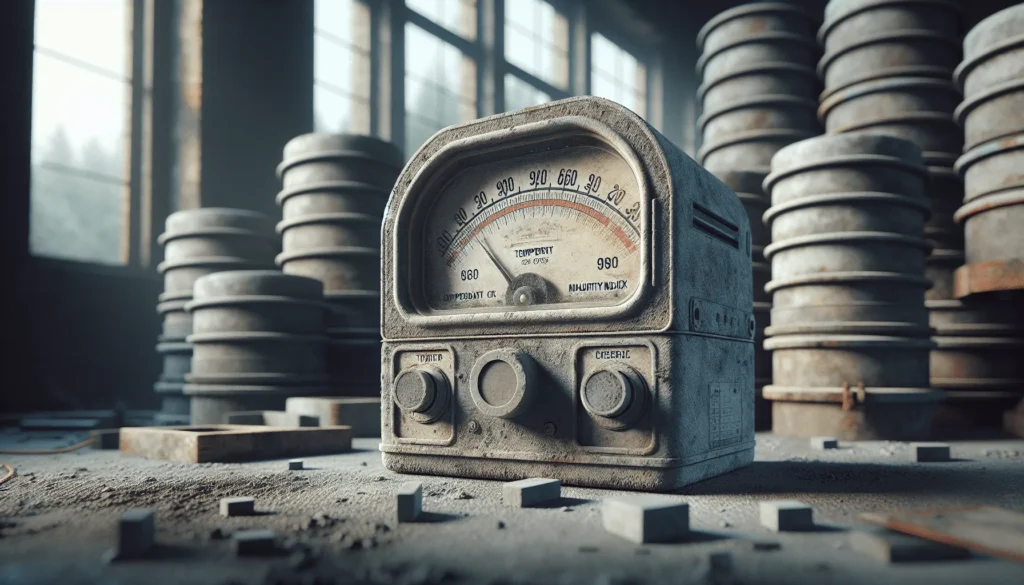 Weathered concrete maturity meter displaying temperature and maturity index data on a construction site, for monitoring irrigation structure concrete curing.