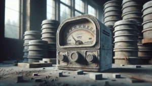 Weathered concrete maturity meter displaying temperature and maturity index data on a construction site, for monitoring irrigation structure concrete curing.