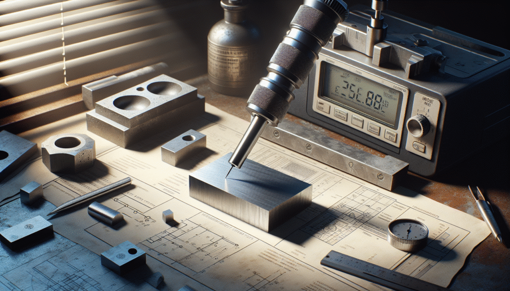 Portable microhardness tester positioned on a thin, coated metal sample in an authentic metallurgical lab workspace.