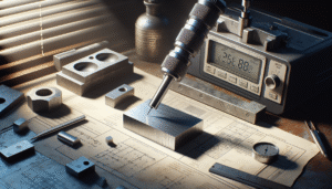 Portable microhardness tester positioned on a thin, coated metal sample in an authentic metallurgical lab workspace.