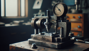 Indenter mesin pengujian kekerasan industri memeriksa sampel logam, penting untuk quality control.