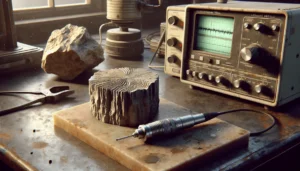 Ultrasonic probe testing ceramic sample with micro-cracks for porosity analysis and sound velocity index in a documentary-style industrial lab setting.