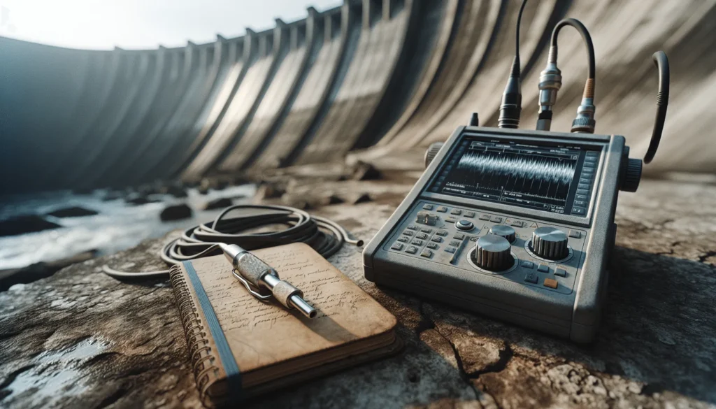 Ultrasonic testing equipment analyzing cracks and porosity on weathered dam concrete during inspection.