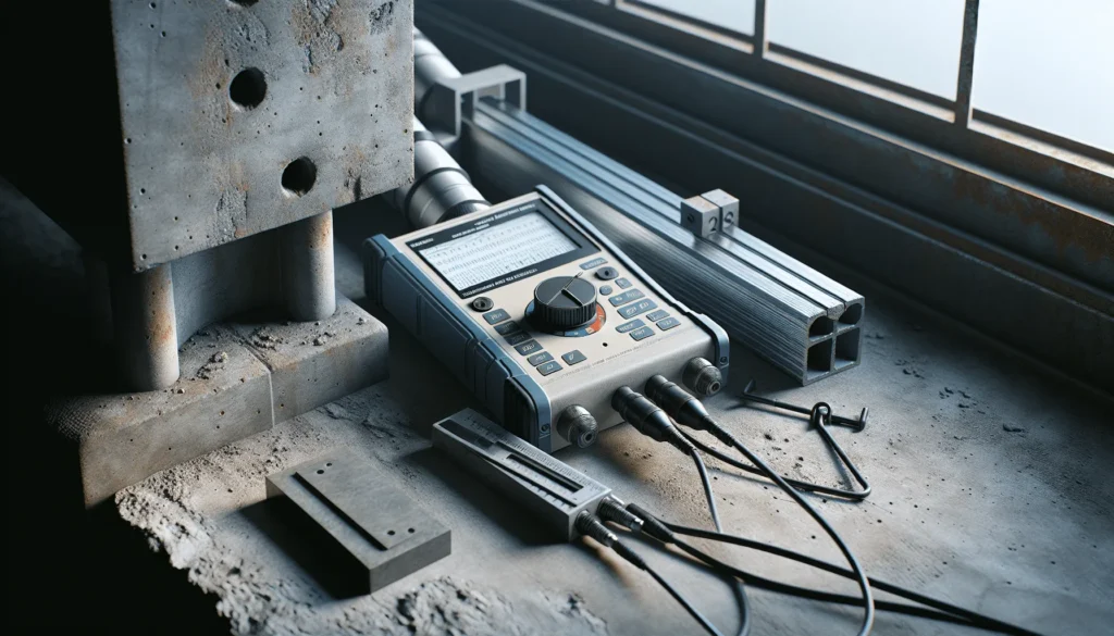Professional using an ultrasonic pulse velocity device to test concrete integrity on a steel beam in a construction workspace.