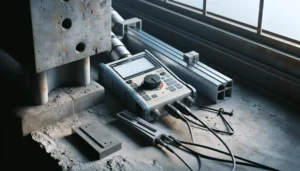Professional using an ultrasonic pulse velocity device to test concrete integrity on a steel beam in a construction workspace.