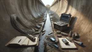 A weathered concrete irrigation channel undergoing ultrasonic pulse velocity (UPV) testing with field equipment.