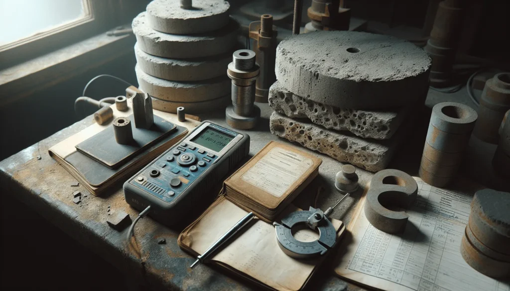 Close-up of a weathered concrete lab with an ultrasonic pulse velocity (UPV) device testing core samples for hybrid structure strength analysis.