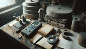 Close-up of a weathered concrete lab with an ultrasonic pulse velocity (UPV) device testing core samples for hybrid structure strength analysis.