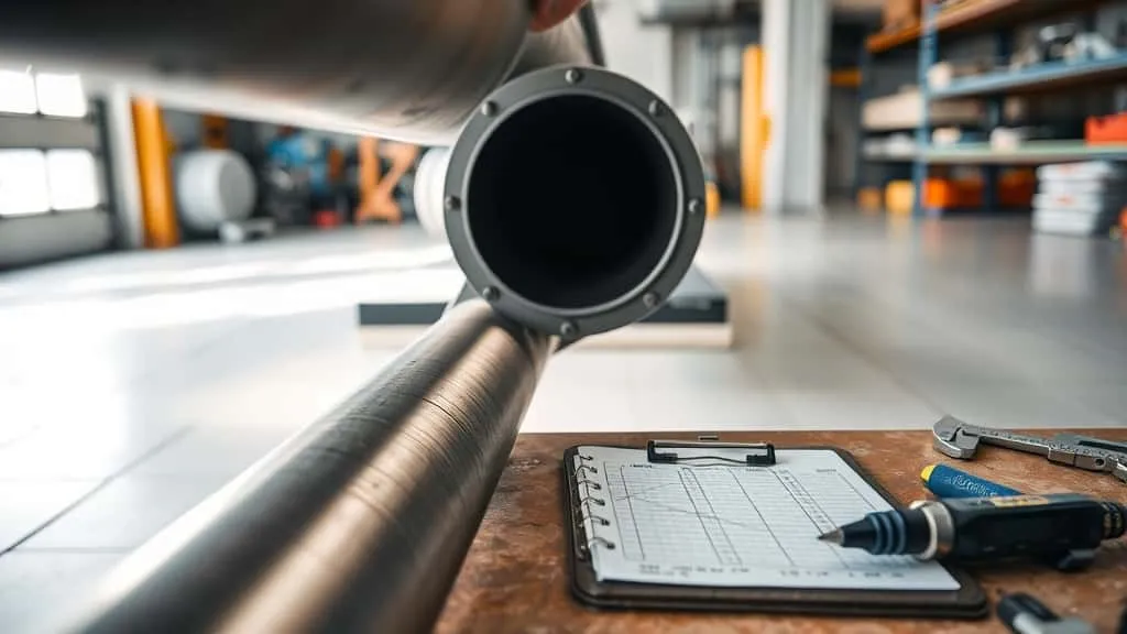 Penyebab keausan pipa pneumatic conveying dan alat inspeksi thickness gauge dengan probe pada pipa baja di bengkel industri.
