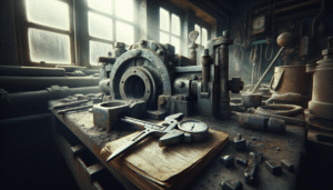 Close-up of weathered mining equipment metal showing stress fractures and corrosion, with tools on a dusty workshop bench, illustrating causes of structural failure in heavy machinery.
