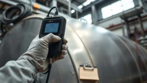 Alat ukur ketebalan ultrasonik di tangan bersarung menekan permukaan tangki air pabrik, layar menunjukkan data inspeksi real-time di area industri.