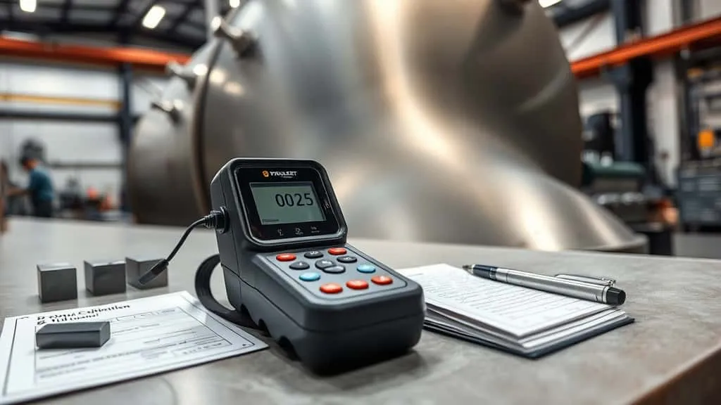 Portable hardness tester verifying weld seam on pressure vessel with calibration certificates and measurement notepad in industrial workshop.