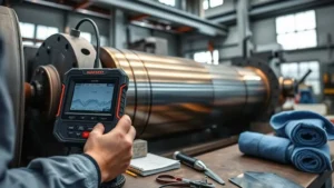 Technician measures weld overlay thickness with an Ultrasonic Thickness Gauge on a reconditioned shaft in a lathe, with calibration block and QC data visible.