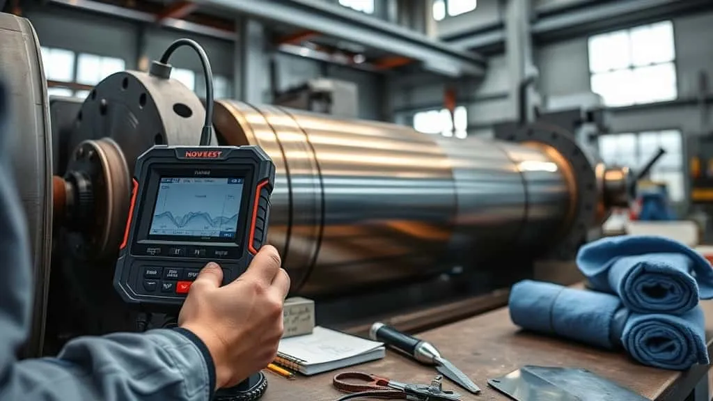 Technician measures weld overlay thickness with an Ultrasonic Thickness Gauge on a reconditioned shaft in a lathe, with calibration block and QC data visible.