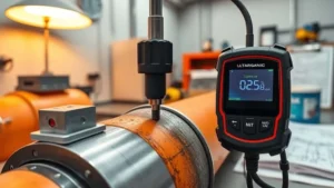 Ultrasonic thickness gauge probe measuring industrial pipe with weld seam for LEMIGAS tank inspection