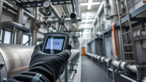 Operator using ultrasonic thickness gauge to measure pipe wall on metal pipe in flour processing plant, digital reading visible, industrial valves and equipment in background.