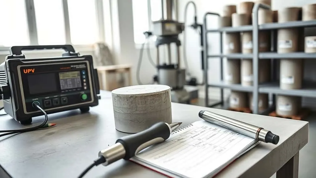 Perbandingan tiga metode uji kekuatan beton NDT: Ultrasonic Pulse Velocity, Rebound Hammer, dan Core Drill pada sampel beton.