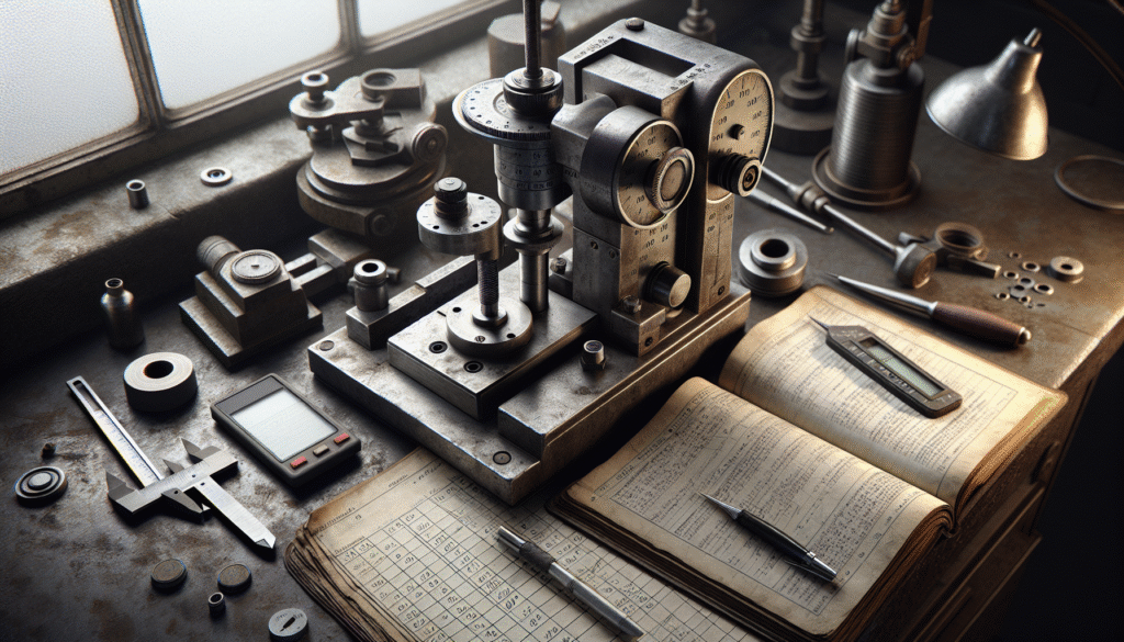 Close-up of an industrial hardness tester on a worn workbench with maintenance logs and data graphs, illustrating predictive maintenance for optimal overhaul scheduling.