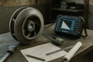 Worn reconditioned impeller undergoing ultrasonic testing with Olympus flaw detector and calipers on a workshop bench for quality verification.