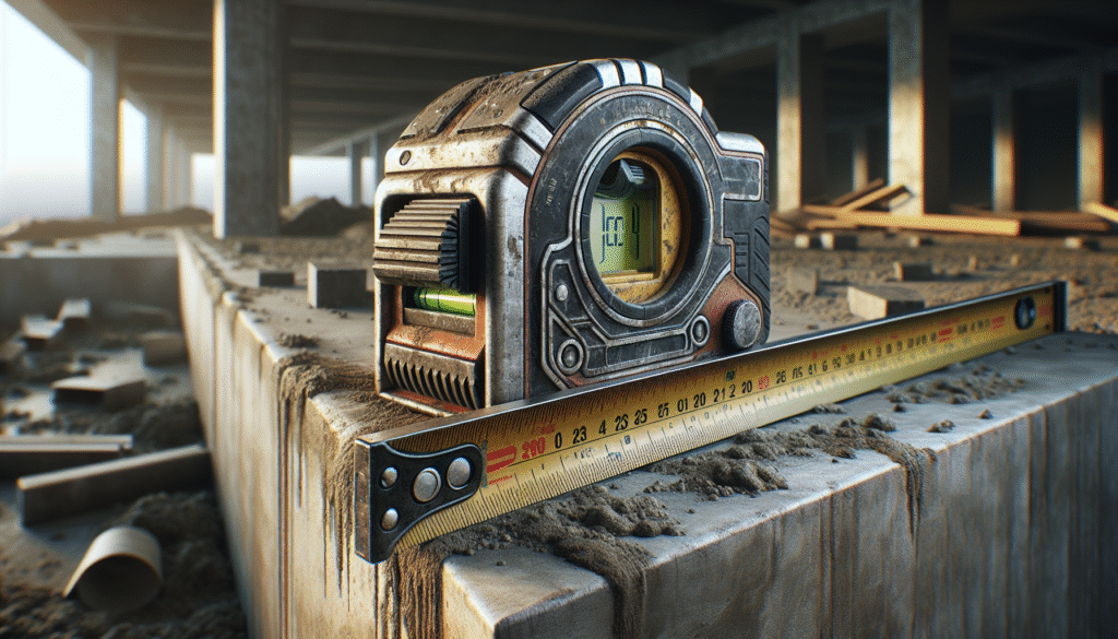 A steel measuring tape and spirit level rest on a rough concrete lintel beam, symbolizing accurate construction measurement and QC.