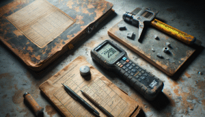 A weathered Schmidt hammer digital device on a rough concrete surface next to a field notebook and ASTM C805 document for concrete testing.