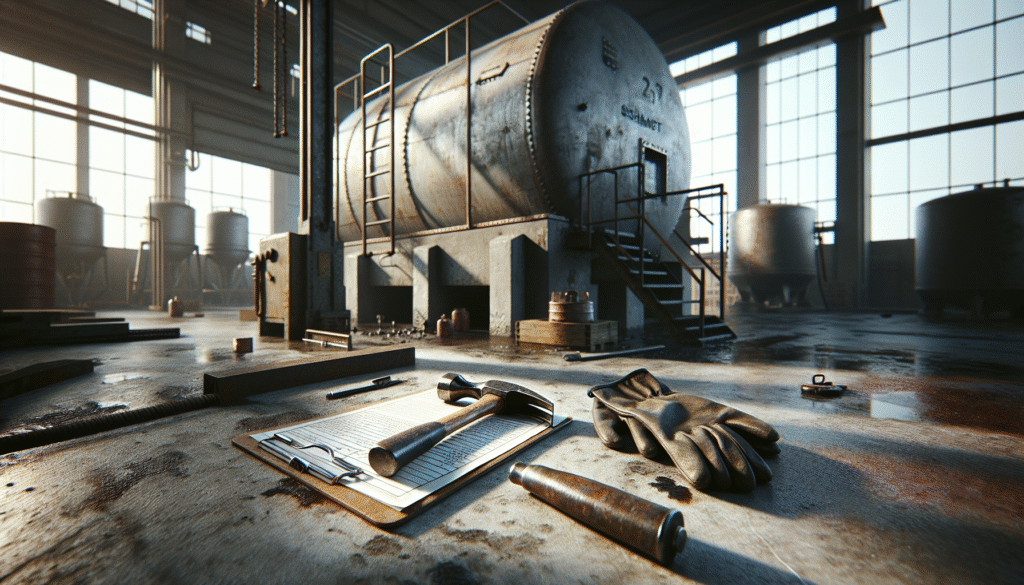 Weathered Schmidt hammer and clipboard on concrete next to an aged steel fuel tank, illustrating field inspection for BBM and pelumas.