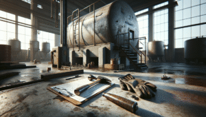 Weathered Schmidt hammer and clipboard on concrete next to an aged steel fuel tank, illustrating field inspection for BBM and pelumas.