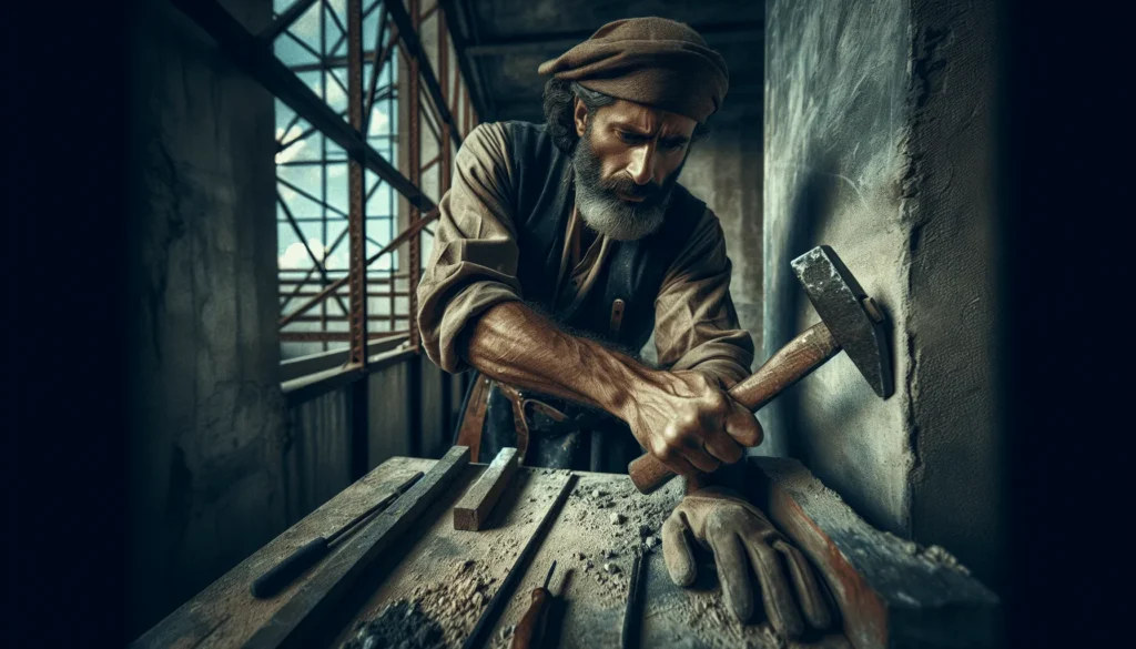 Construction inspector using a rebound hammer to perform non-destructive concrete testing on a steel-framed structure, ensuring SNI quality standards.