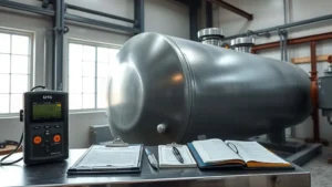 Inspeksi ketebalan dinding tabung gas bertekanan industri menggunakan alat ultrasonic thickness gauge di ruang kerja