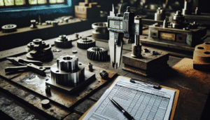 Quality control specialist using calipers to measure a precisely machined metal component in an Indonesian fabrication workshop.
