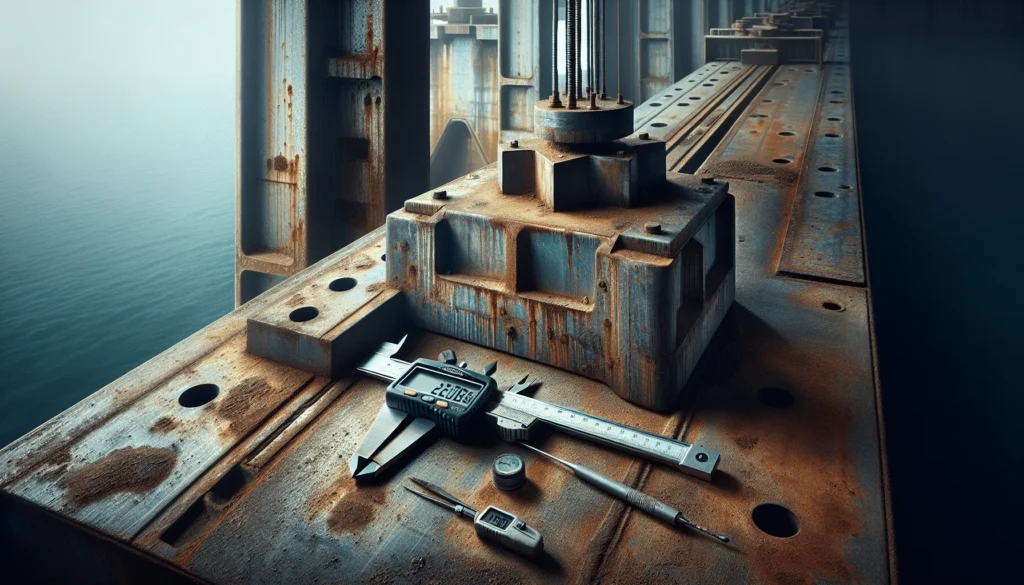 Coastal crane steel plate corrosion analysis with technician's inspection tools and NDT equipment for wear assessment.