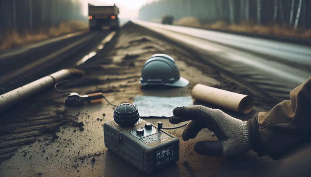 Civil engineer using a portable NDT device on a rural asphalt road to audit infrastructure for heavy truck loads during mudik season.