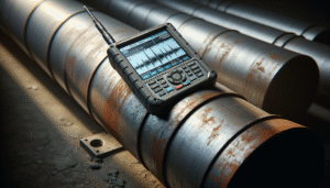 Ultrasonic Flaw Detector memeriksa pipa industri berkarat untuk deteksi korosi.