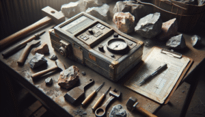 Rugged hardness tester in a mineral mining lab with rock samples and tools, vital for mine efficiency.