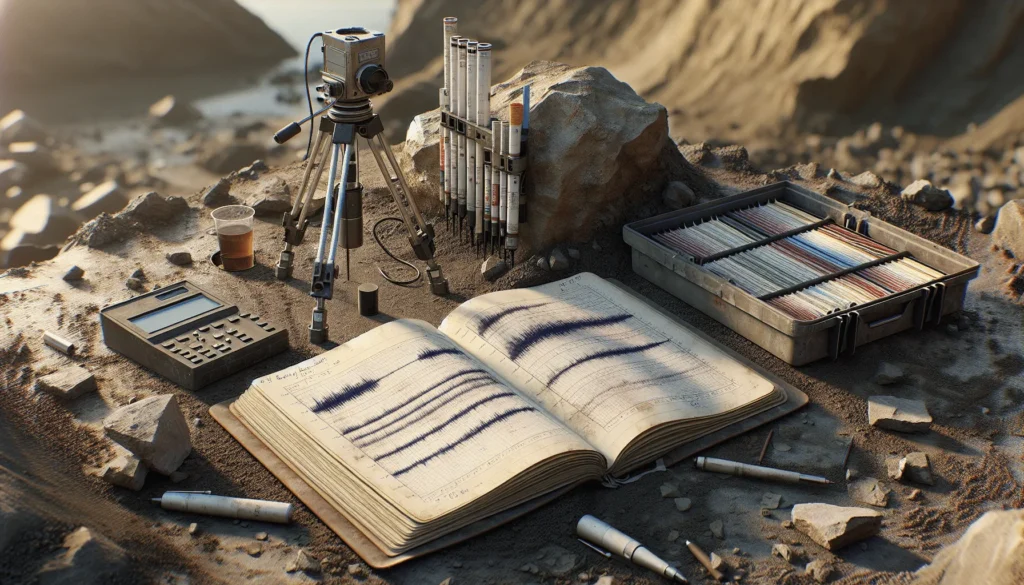 Weathered field notebook with geotechnical notes, seismic geophones, and soil core samples on a rugged construction site, illustrating NDT integration strategies for geotechnical and geophysical investigation.