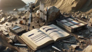 Weathered field notebook with geotechnical notes, seismic geophones, and soil core samples on a rugged construction site, illustrating NDT integration strategies for geotechnical and geophysical investigation.