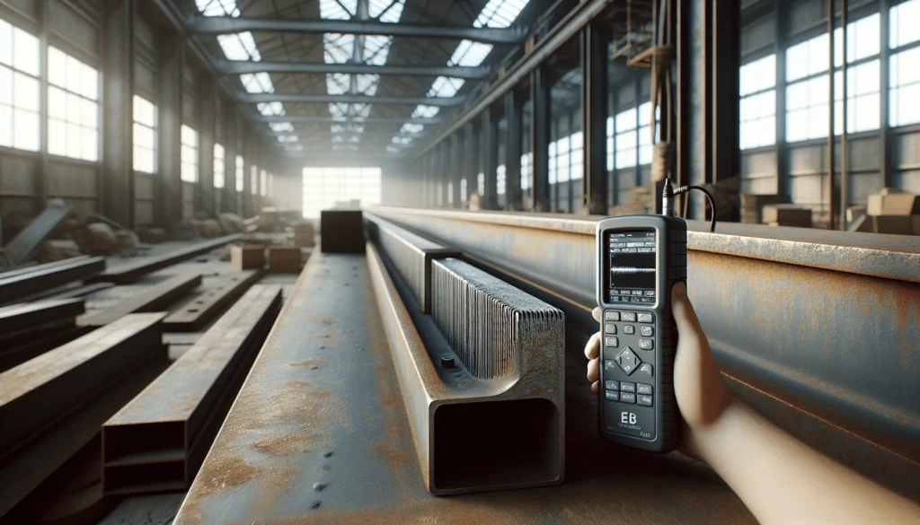 Professional using an ultrasonic thickness gauge to inspect a weathered steel I-beam for corrosion, demonstrating industrial asset management strategies.