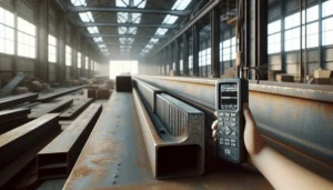 Professional using an ultrasonic thickness gauge to inspect a weathered steel I-beam for corrosion, demonstrating industrial asset management strategies.