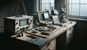 Manual and digital concrete testing equipment on a worn workbench, with a geophysical device in the background, for selecting the right tools for geophysical equipment maintenance.