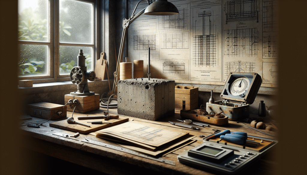 Geophysical engineer performing non-destructive concrete testing on a foundation sample to ensure data reliability.