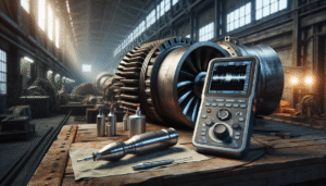 Professional ultrasonic testing device performing NDT on a worn turbine component in an industrial power plant.